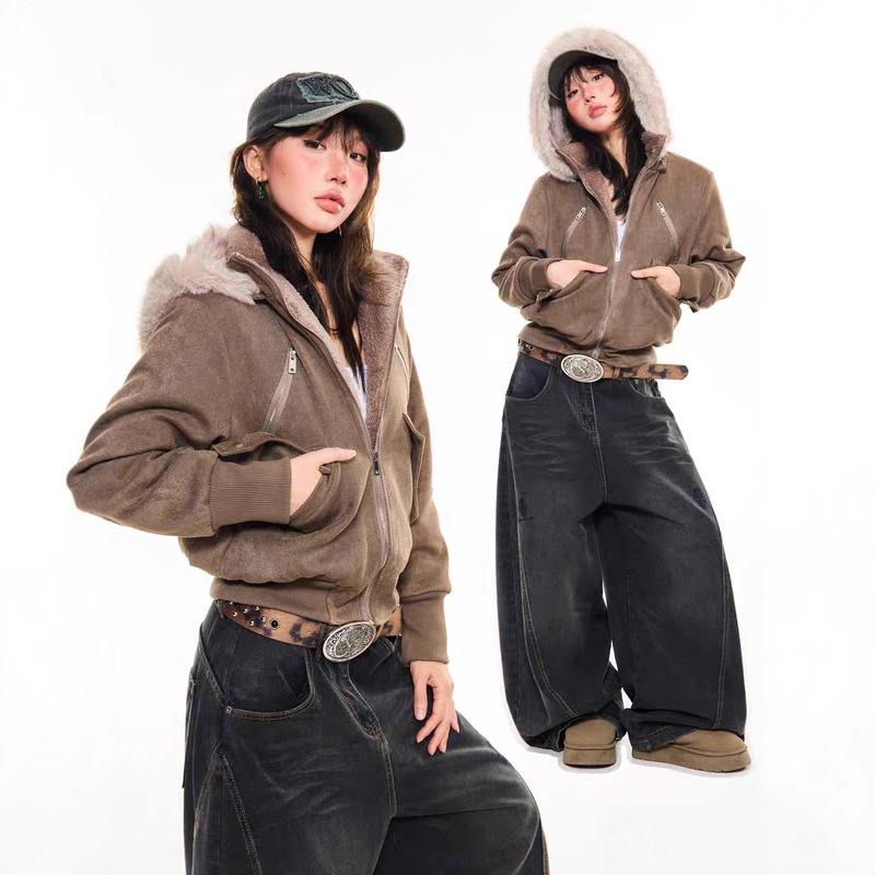 Maillard Retro Sexy Slim Hooded Velvet Cotton Jacket Women's Winter Motorcycle Thickeneded Plush Liner Jacket Maillard Retro Sexy Slim Hooded Velvet Cotton Jacket Women's Winter Motorcycle Thickeneded Plush Liner Jacket