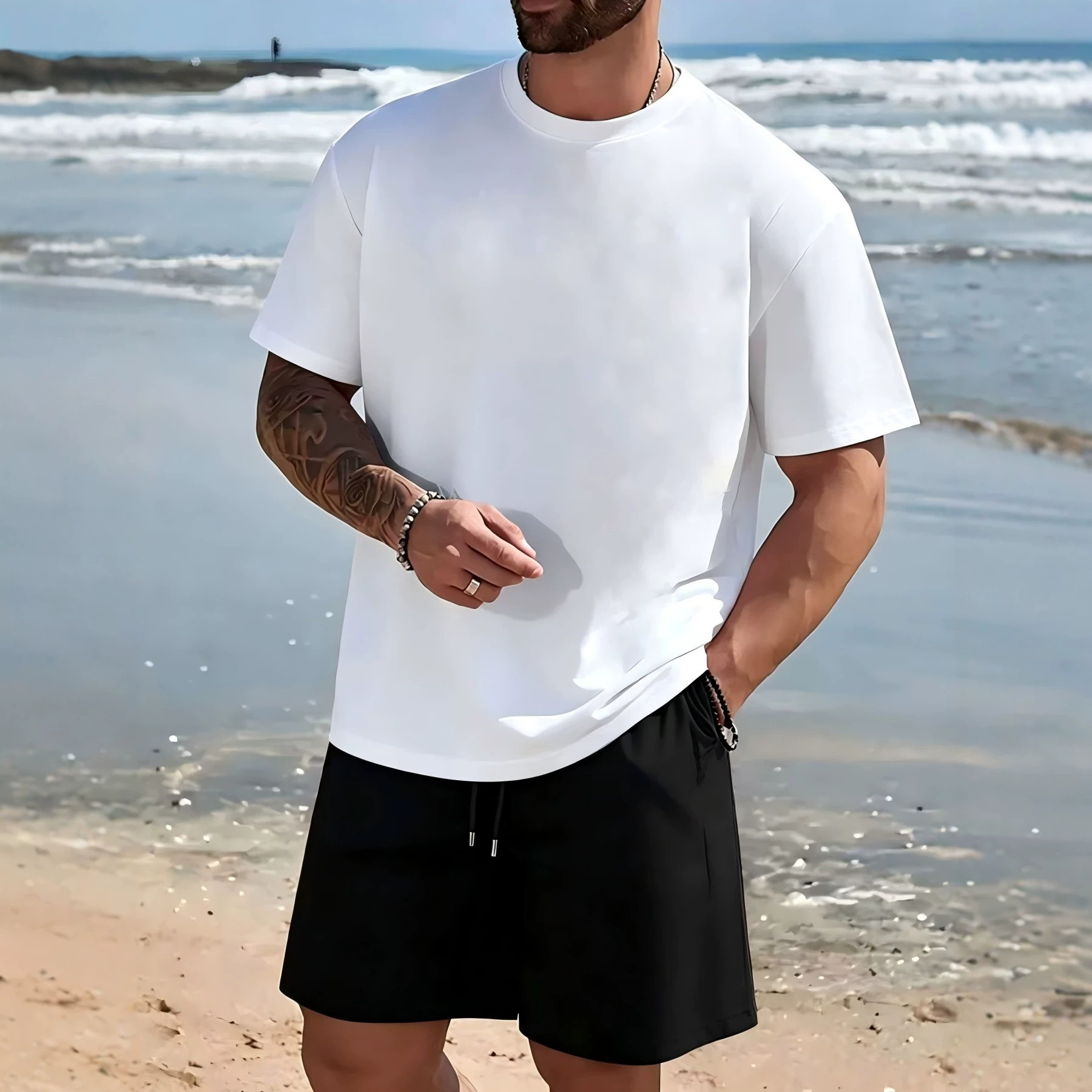 Fábrica de origen a través de la frontera para hacer un modelo de verano para hombres traje casual camiseta de color sólido manga corta manga deportiva