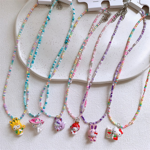 Sweet Children Cute Cartoon Kitty Color Beaded Necklace Girls Princess Pendant Necklace Collarbone Chain Accessories