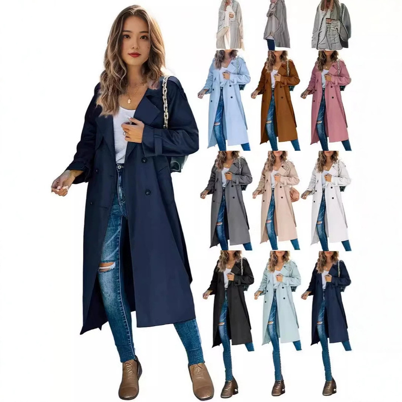 European and American 2024 New Fashion Solid Color Casual Women's Turn-down Collar Long Sleeve Autumn Winter Trench Coat Elegant Women's Overcoat European and American 2024 New Fashion Solid Color Casual Women's Turn-down Collar Long Sleeve Autumn Winter Trench Coat Elegant Women's Overcoat