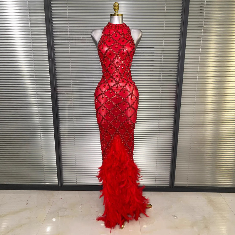 European and American Style Sexy Heavy-Duty Red Feather Rhinestone Long Dress Birthday Party Ball Gown Singer Performance Outfit