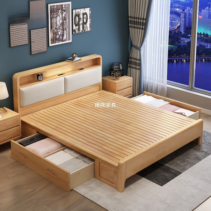 Solid Wood Double Bed, Modern and Simple Nordic Style, Master Bedroom with Soft Headboard and Night Light, Natural Wood 1.35m Storage High Box Bed