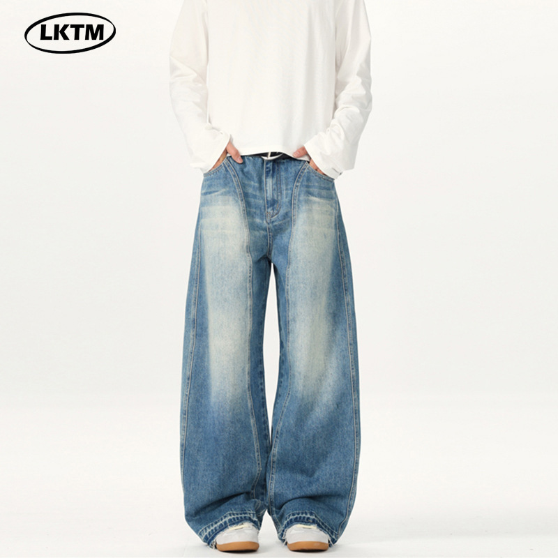 LKTM Men's# American Vintage Washed Deconstructed Scimitar Jeans Men's Trendy Brand Three-dimensional Cut Profile Banana Pants