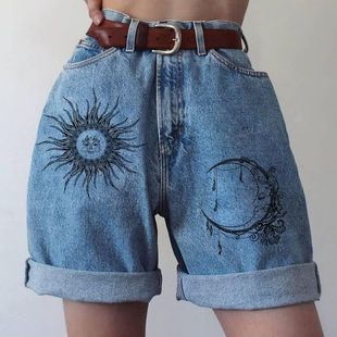 2040*�W����Ů��ѝ��߅ţ�ж�ѝPrint Roll Up Hem Denim Shorts