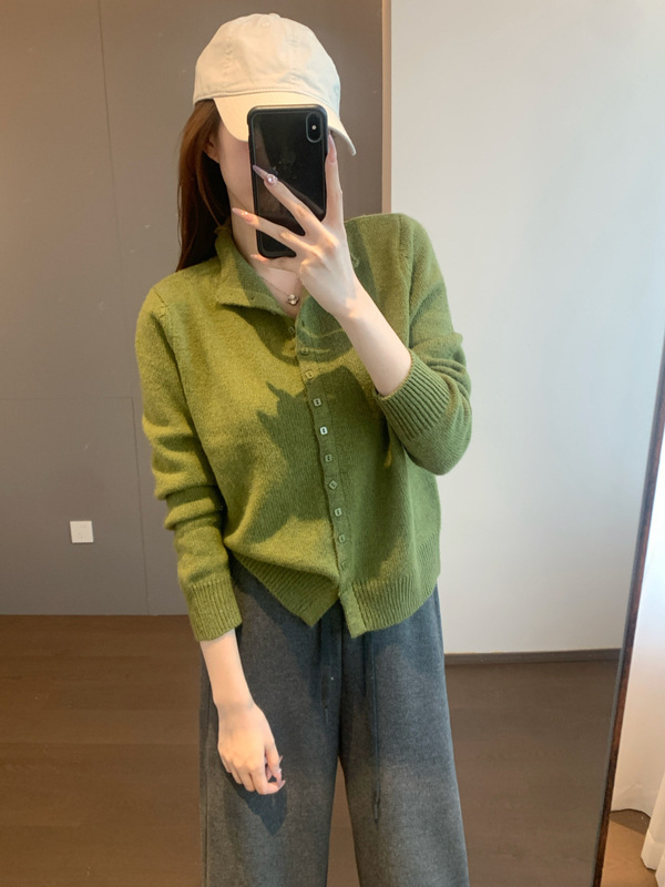 Korean-Style Texture 24-Count Wool and Rabbit Hair Blend Fluffy and Soft Velvet-Feel Stand-Up Collar Square Button Knit Cardigan G112814
