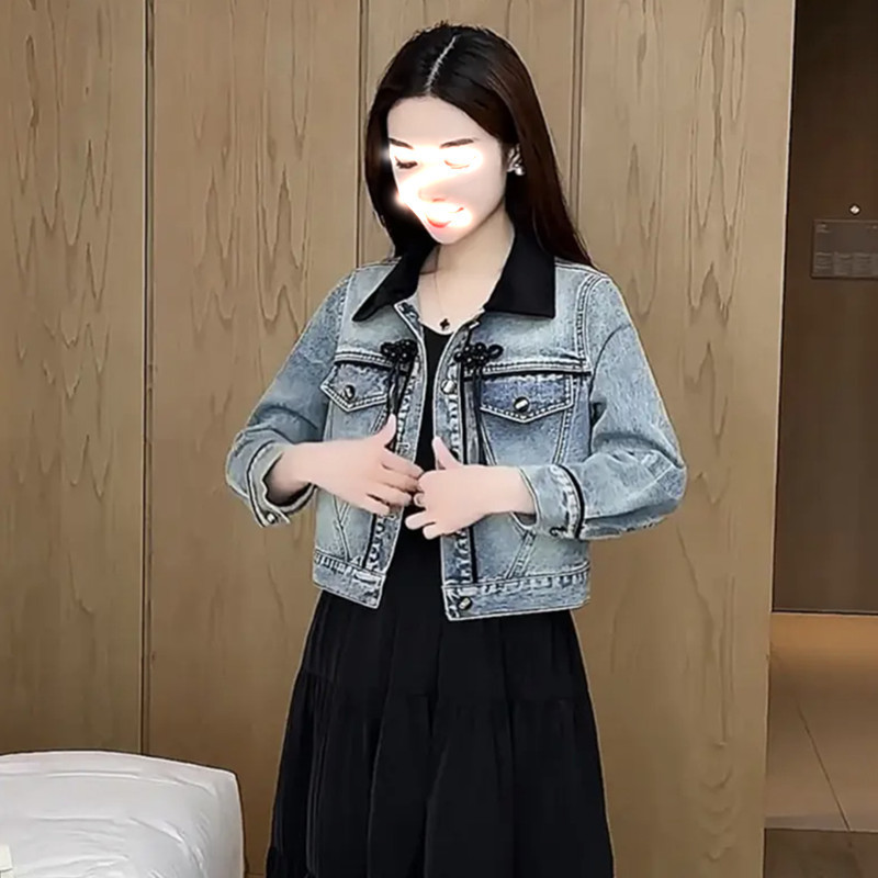 Guofeng Denim Coat Women's New Chinese Style Top 2024 Spring New Heavy Industry Bead Contrast Short Jacket Guofeng Denim Coat Women's New Chinese Style Top 2024 Spring New Heavy Industry Bead Contrast Short Jacket
