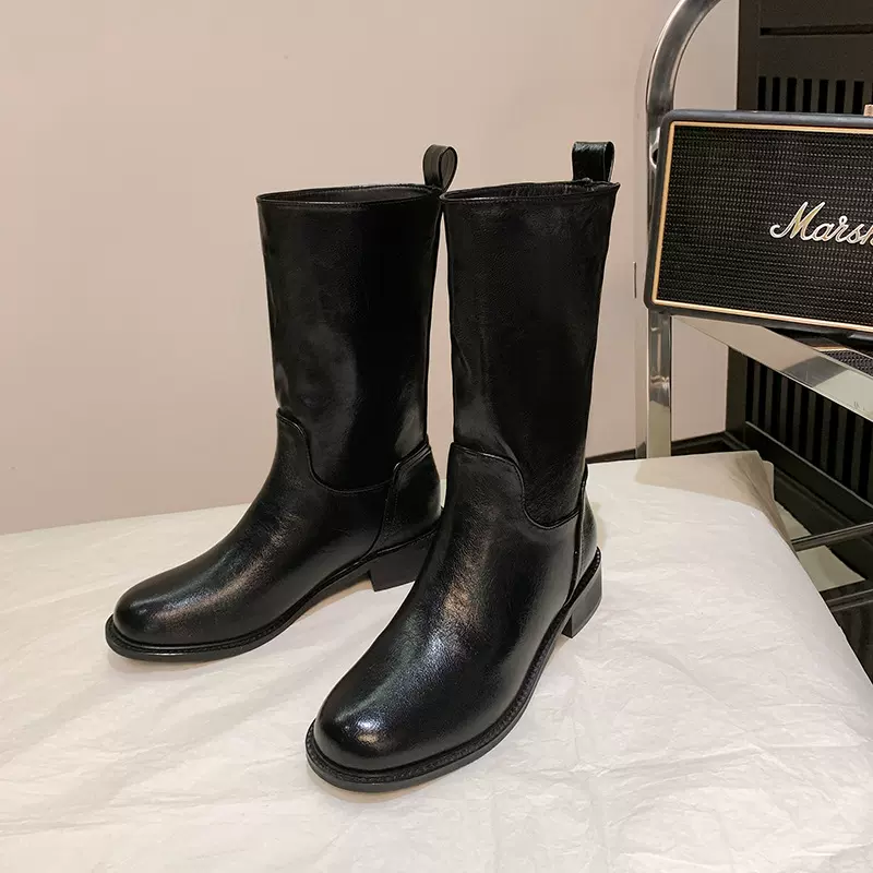 牛皮版~复古高级感宽筒真皮粗跟中筒西部骑士短靴女秋冬季时装靴