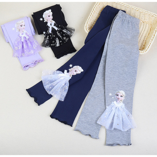 Princess Elsa girls' leggings 2024 Korean version children's pure cotton baby trousers summer thin outer wear trousers trendy