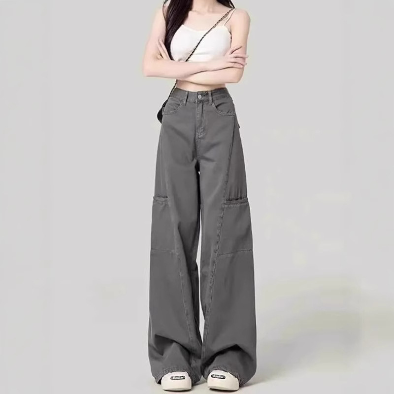 Cement Grey American Style Wide-leg Overalls Women's 2025 New Spring and Autumn Retro High Waist Straight Loose Floor-mopping Jeans