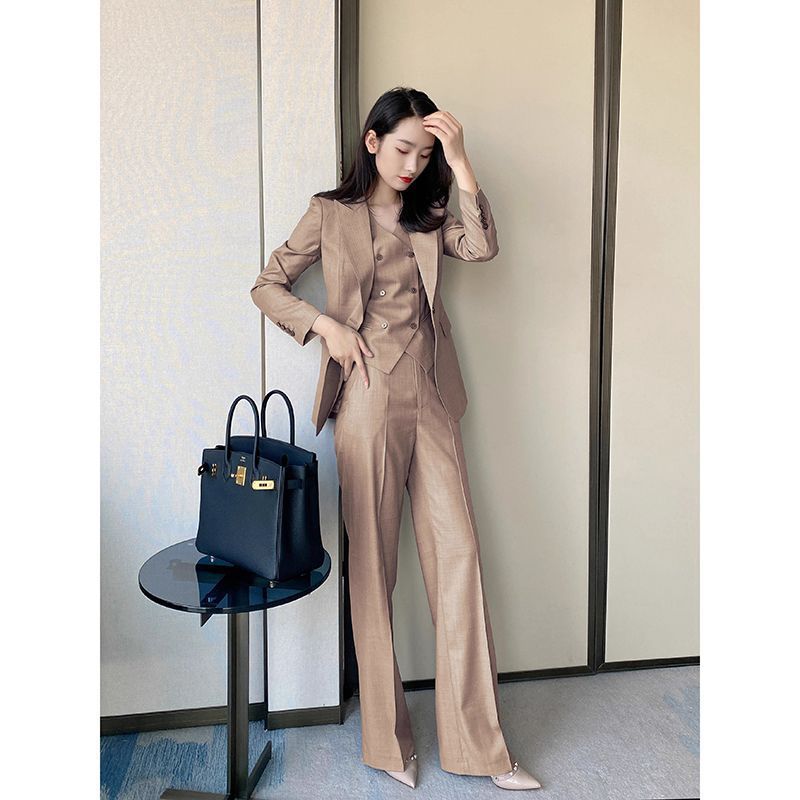 感秋冬西装修身直筒裤套装女感气质通勤OL西服马甲三件套|undefined