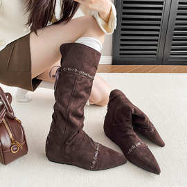 现货内增高堆堆瘦瘦靴骑士靴女2026新款折叠两穿西部牛仔靴长筒