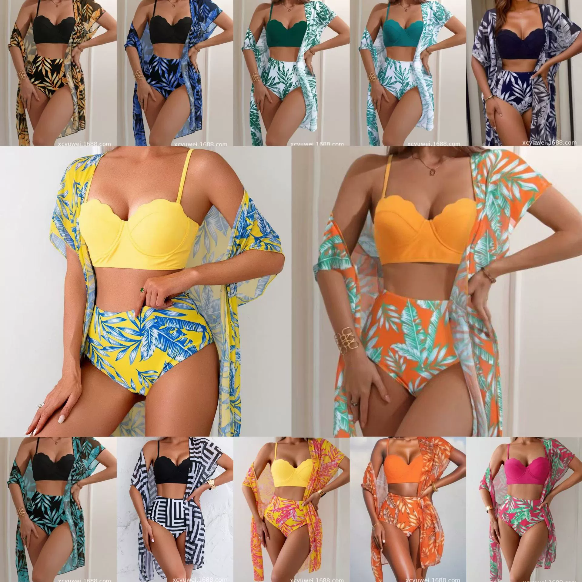 Amazon трансграничный новый кленовый лист с принтом с высокой талией сетчатое пальто тонкое бикини купальник внешней торговли сексуальный набор