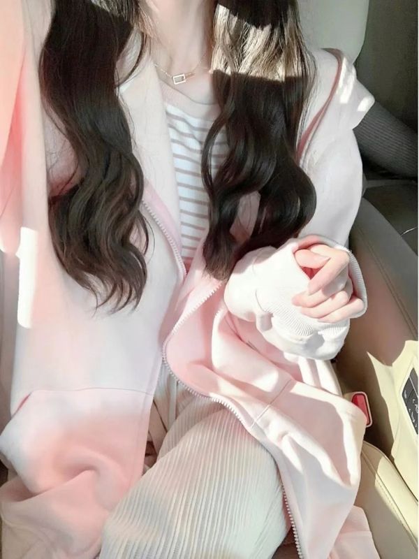 日系软妹粉色开衫外套女可爱新款韩系连帽卫衣宽松慵懒风春秋薄款|undefined