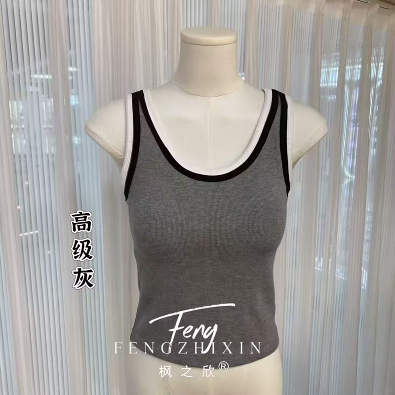 枫之欣8762时尚撞色吊带背心女固定杯修身显瘦百搭外穿无袖上衣|undefined