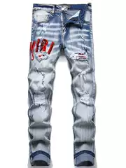 Men's Ripped Embroidered Skinny Jeans Stretch High-Street Patchwork Denim Pants