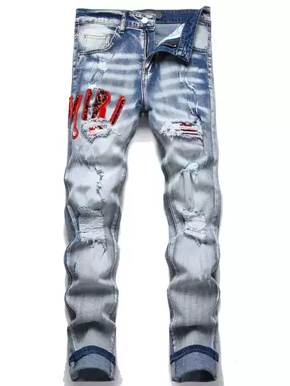 Best-Selling Men's Ripped Embroidered Skinny Jeans with Patchwork, Stretchy High-Street Style for Young Fashion-Forward Men