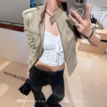 SUNONEONE 立领做旧美式复古短款牛仔外套女早秋新款正肩夹克上衣