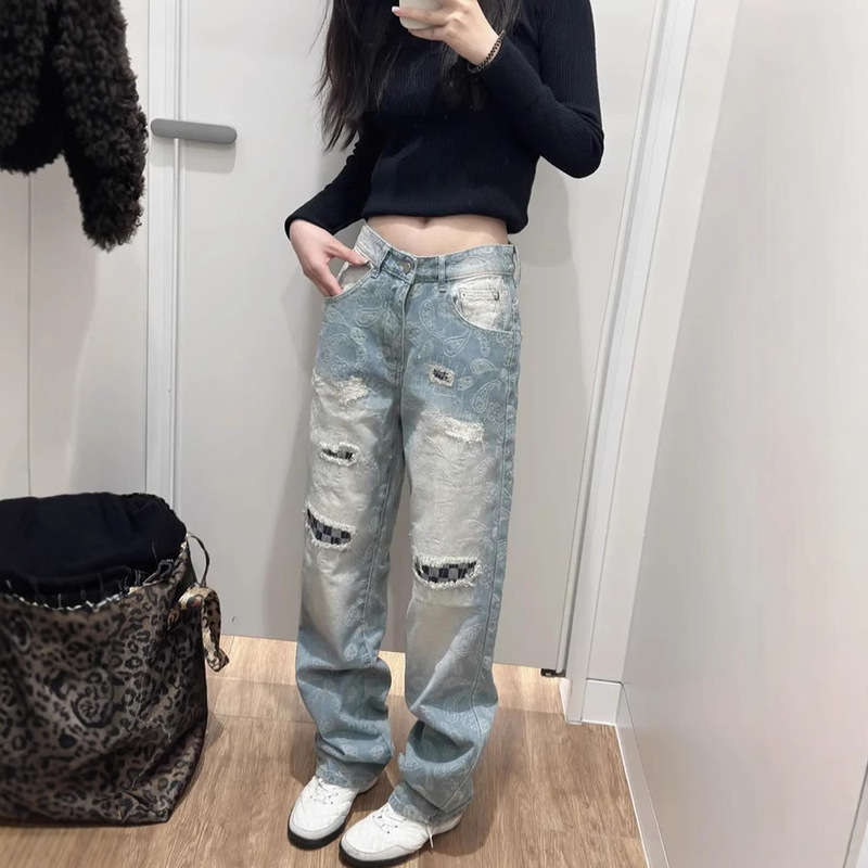 カシューフラワーフルプリントパッチリップドジーンズメンズトレンディブランドハンサムストリートパンツクリーンフィットナローバージョンストレートパンツ|undefined