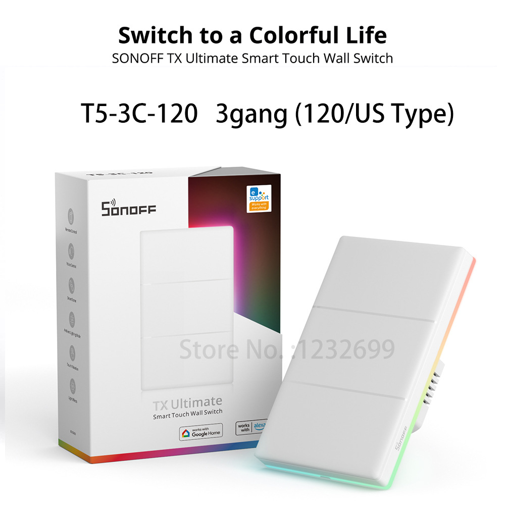 SONOFF T5-3C-120 WiFi易微联智能开关零火触摸开关 美规语音控制