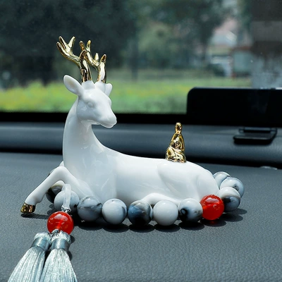 Car ornaments Console High-End Car Car - send-anti-skid-mat-lying-deer-golden-buddha-ink-white-gear-beads