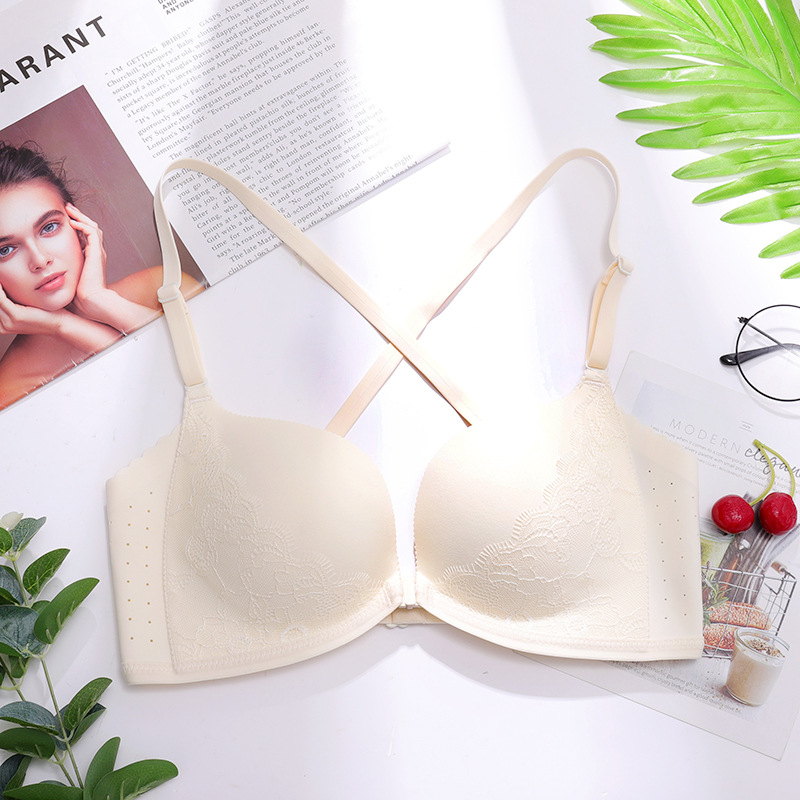 Sujetador inalámbrico de verano cómodo transpirable push-up mama belleza espalda encaje frontal hebilla ropa interior para mujeres delgadas 3223