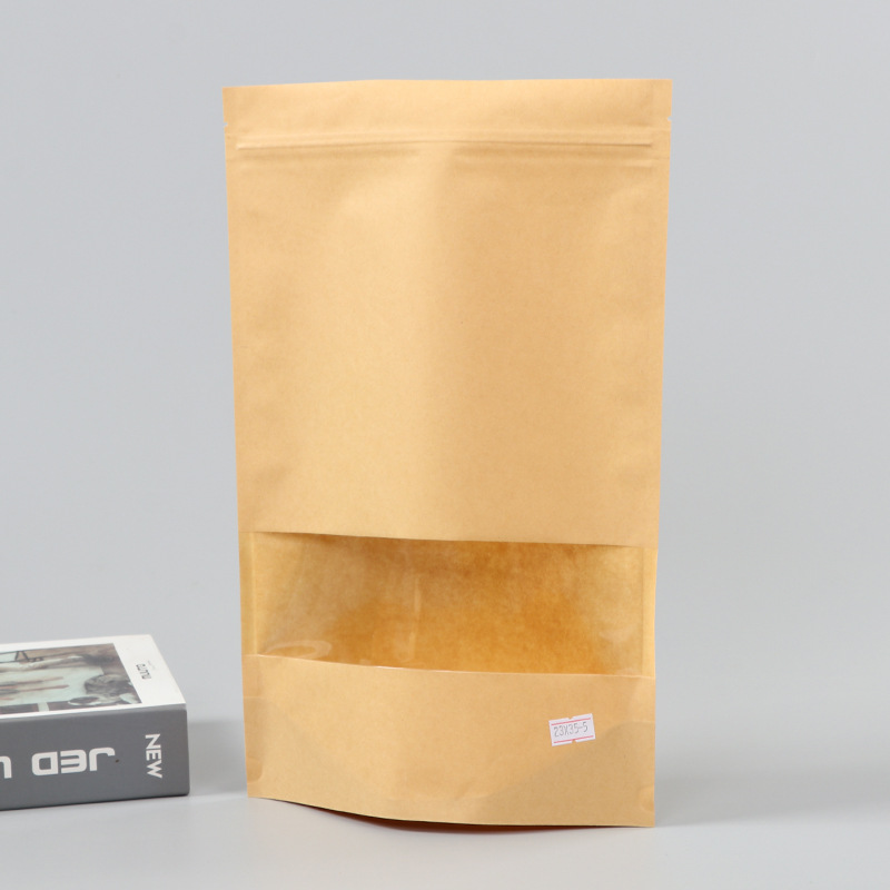 Spot bolsa de papel kraft con ventana transparente bolsa de embalaje de alimentos autosellada autoportante bolsa de té sellada de ocho lados fácil de rasgar