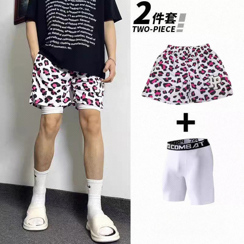 Trendy Leopard Print Two-In-One American-Style Men's Shorts for Sports Training, Quick-Dry with Lining, Basketball Shorts, Above the Knee, Summer Trendy Leopard Print Two-In-One American-Style Men's Shorts for Sports Training, Quick-Dry with Lining, Basketball Shorts, Above the Knee, Summer