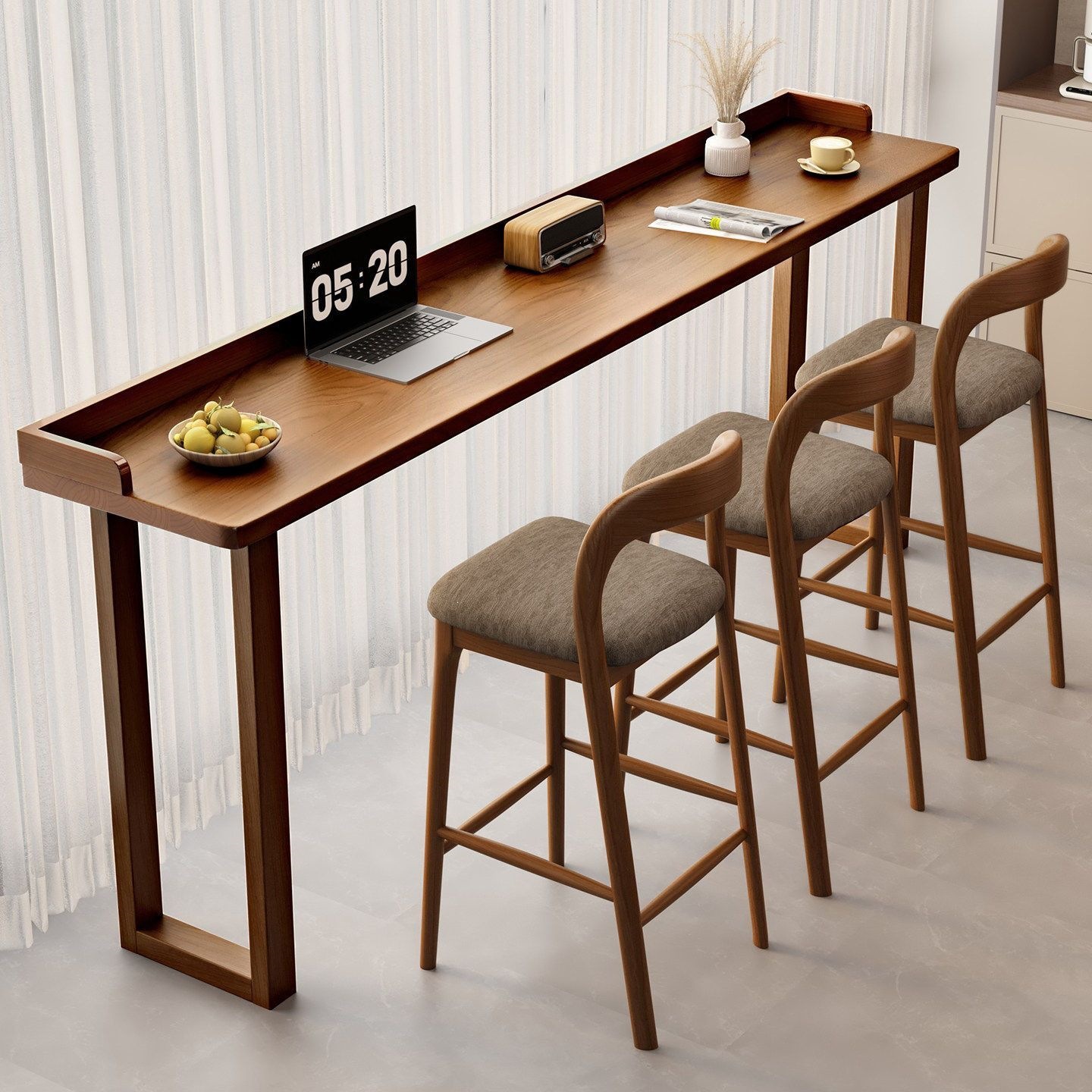 Solid wood bar table, high-legged table, long narrow table for home use, simple wall-mounted table for cafes, milk tea shops, and bars