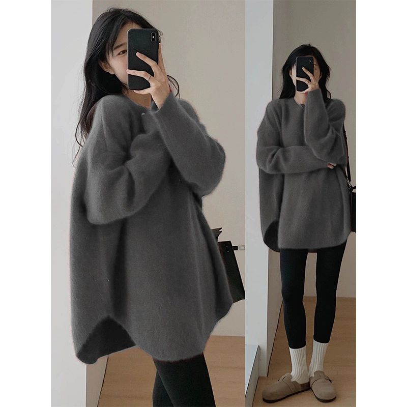 Blue long knitted sweater, round collar, mid-length