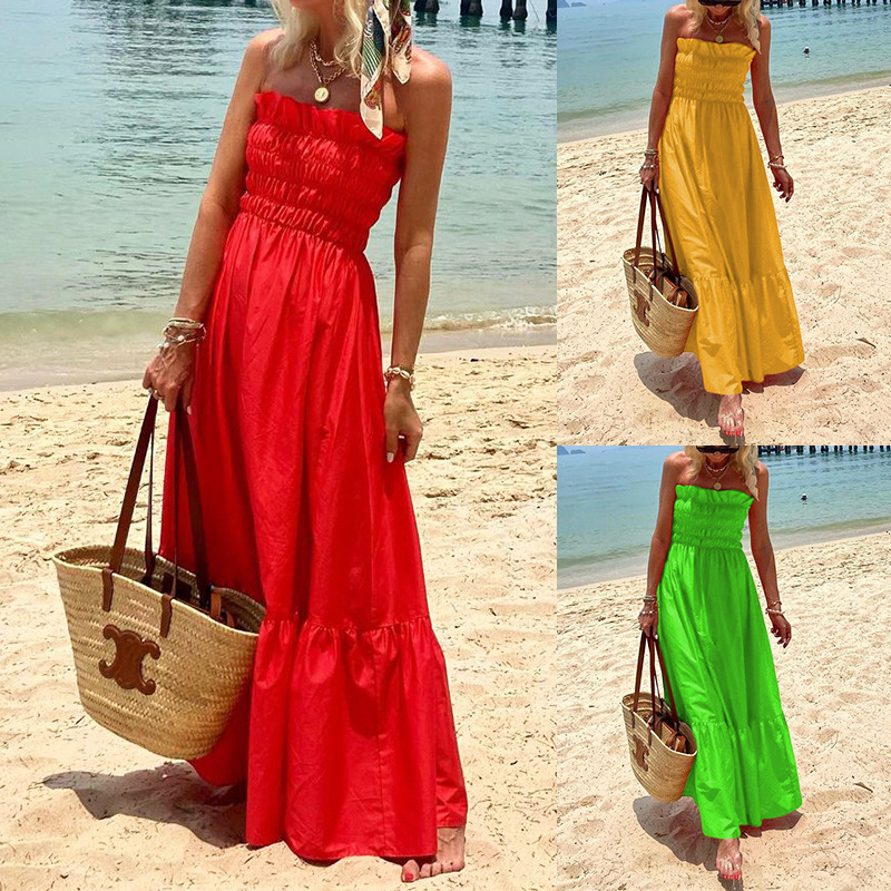 Women's A-line Skirt Tropical Strapless Backless Sleeveless Solid Color Maxi Long Dress Travel Beach display picture 1