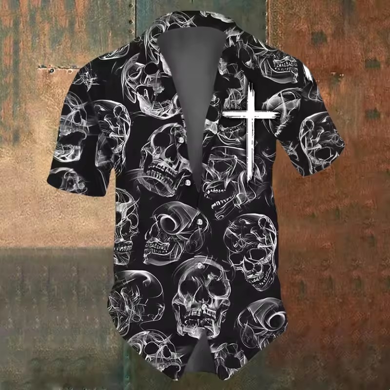 Personalidad Thriller Mist Skull 3D Impresión digital Camisa suelta de manga corta con solapa de botón de la calle de verano para hombres