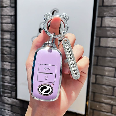 Men and Women | Car key bag - beilu-model-b-smart-3-button-single-shell-purple-silver-astronaut-diamond-buckle-silver-number-plate