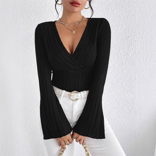 New style women's elegant and fashionable knitted thread V-neck trumpet sleeves design T-shirt women's clothing
