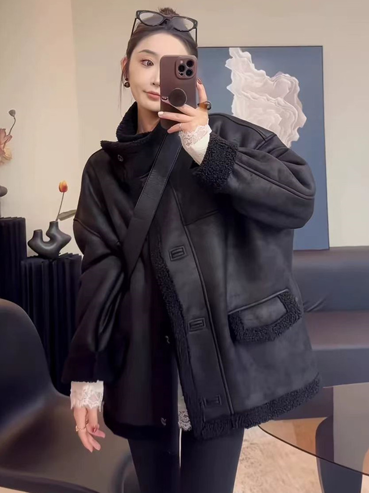 Suede Fur All-In-One Warm Jacket for Women 2024 Winter New Stand-Up Collar Thickeneded Lamb Hair Motorcycle Jacket Top