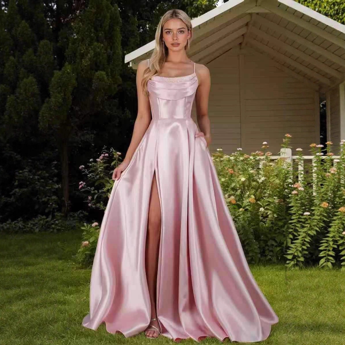 Amazon Evening Gown Satin Bridesmaid Ball Gown with Shoulder Straps and Back Tie Formal Long Dress for Banquets European and American Style