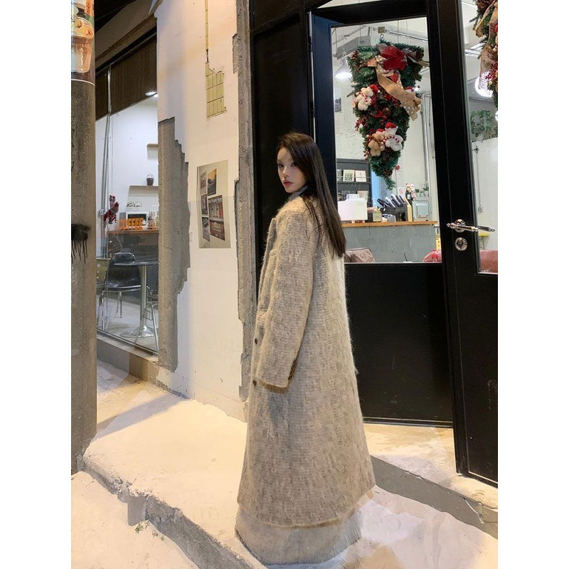 慵懒风复古翻领设计感燕麦色加厚毛呢大衣外套女秋冬新款呢子外套|undefined