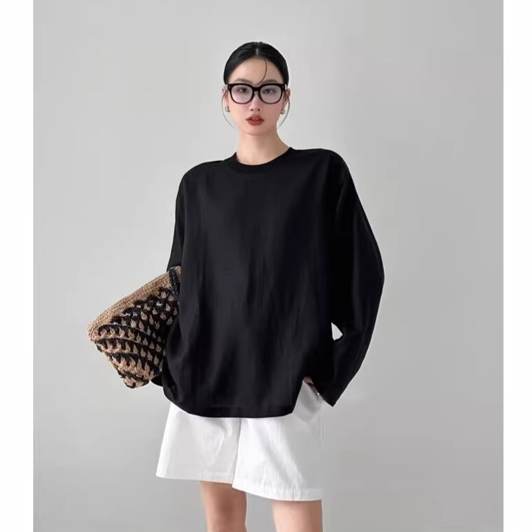 Tencel Linen Black Shirt Long-Sleeve Loose T-Shirt Top for Women Casual Versatile Lazy Style Sun-Protection Top