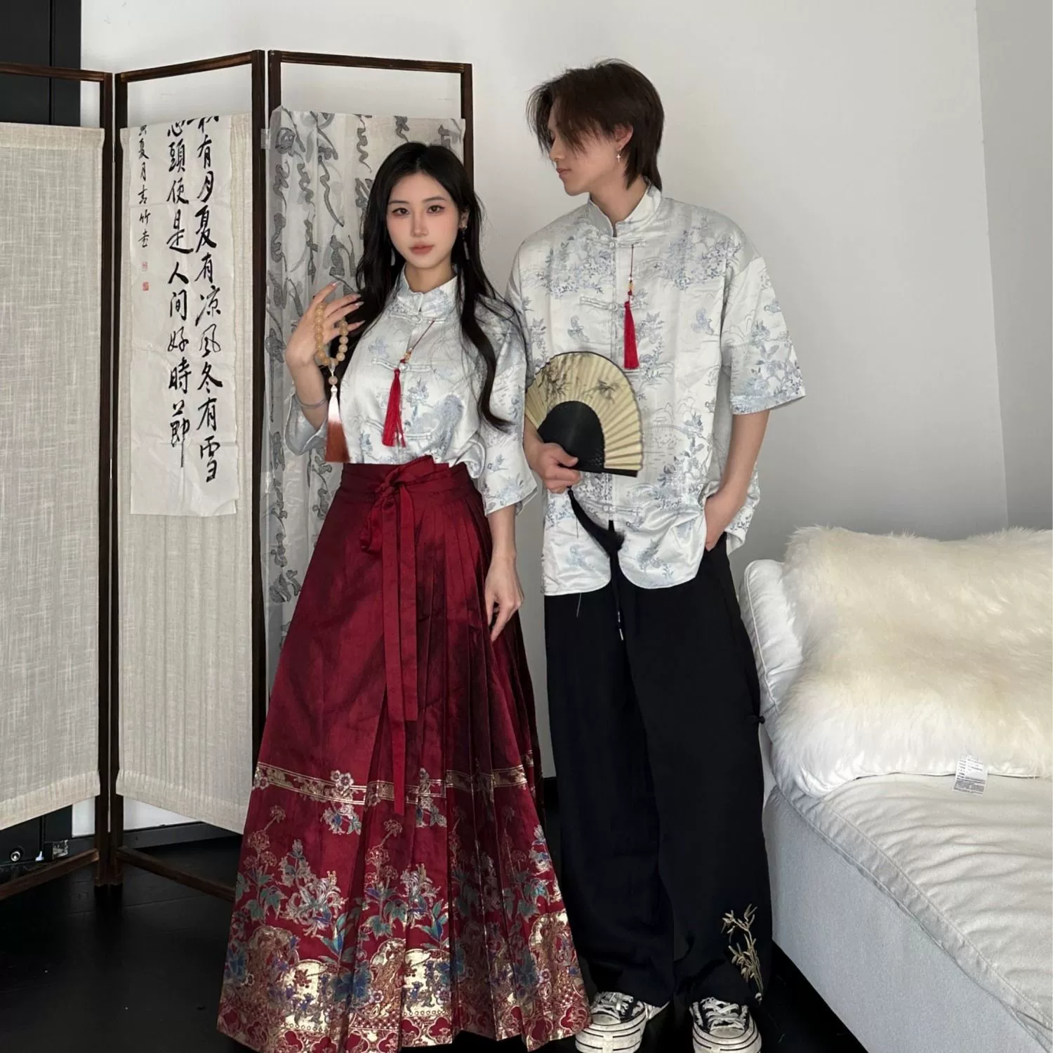 Мужской и женский костюм Тан в китайском стиле с короткими рукавами, улучшенная юбка Hanfu с лошадиной лицом, красный костюм, новое платье в китайском стиле