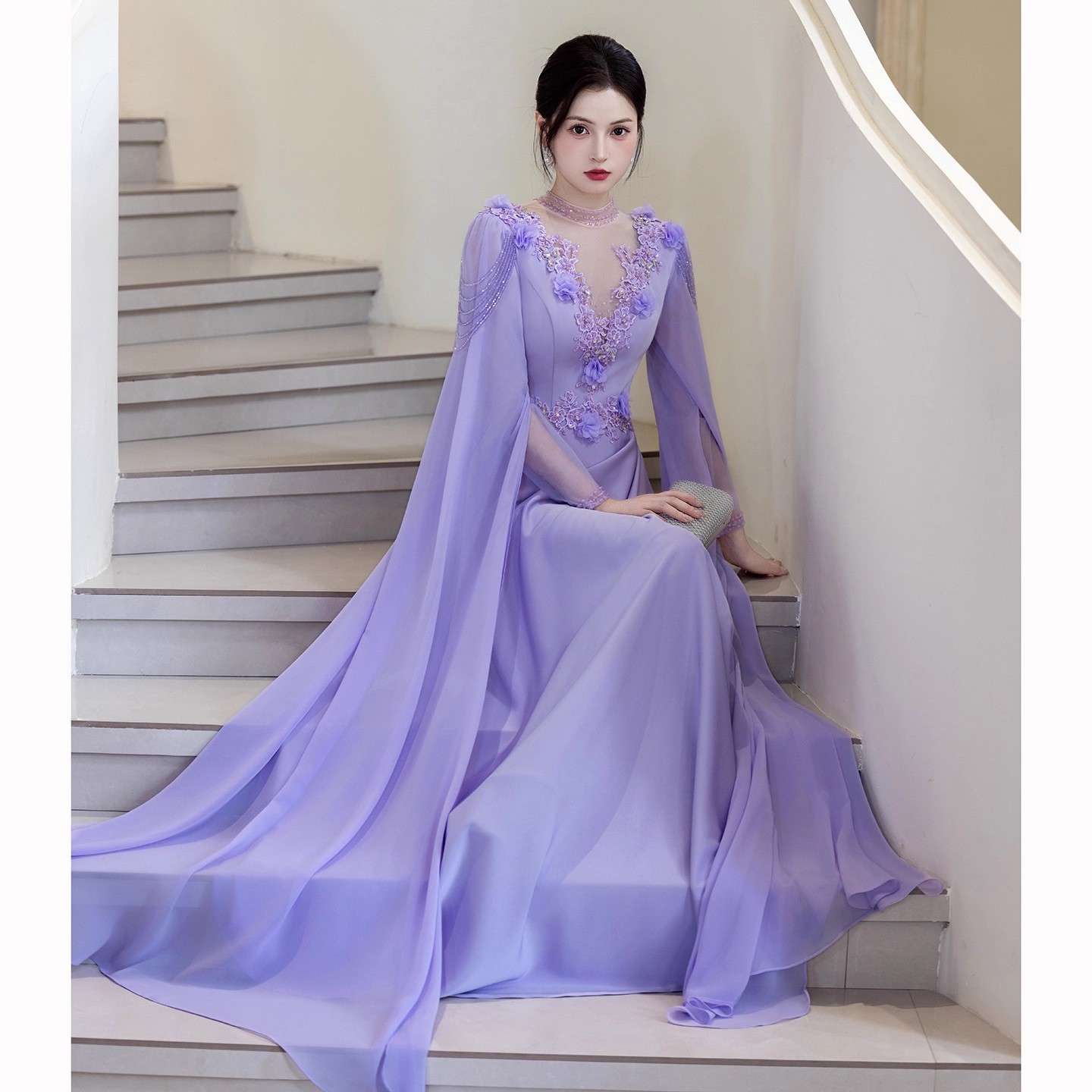 晚礼服紫色高级绝美高端轻奢小众重工新中式古筝演出服独唱主持人