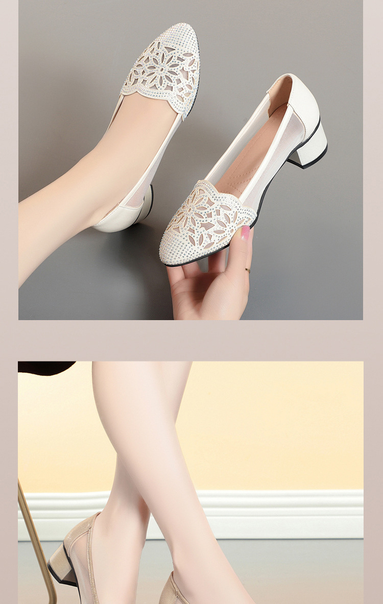 Sandal nữ da thật đế mềm lưới rỗng gót giữa dày mũi nhọn — màu be chi tiết 10