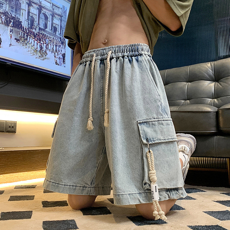 Workwear Denim shorts men's summer thin fashion brand straight fifth pants plus size loose drawstring casual middle pants