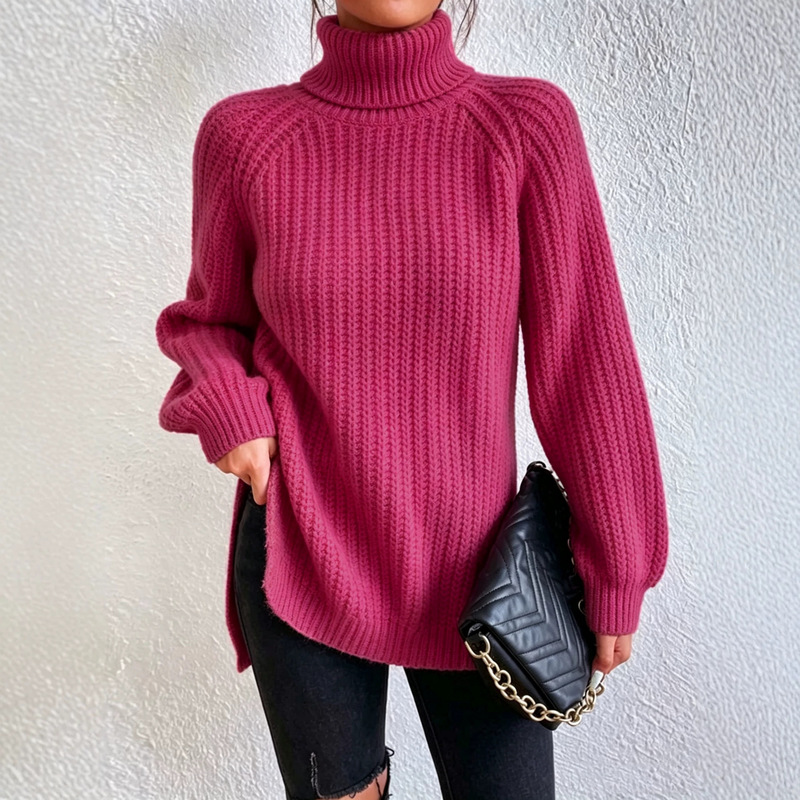 2026 new autumn/winter collection: European and American style, relaxed-fit, high-neck sweater with thickened fabric, raglan sleeves, and a slit, loose-fitting top for women