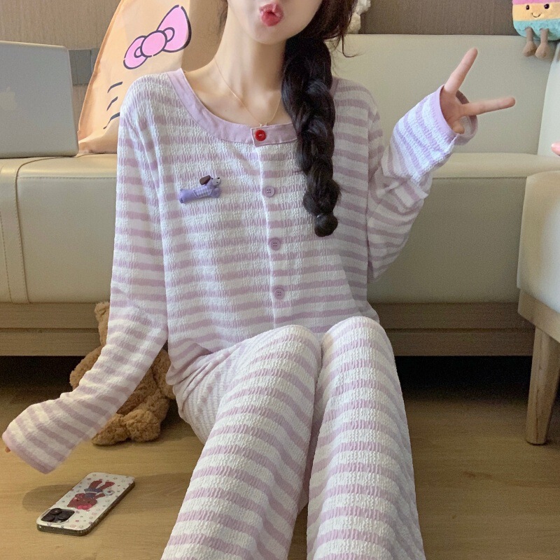 2026 Spring and Autumn New Soft and Comfortable Women's Pajamas in Pure Desire Style with Purple Stripes and Puppy Cardigan Homewear Set 2026 Spring and Autumn New Soft and Comfortable Women's Pajamas in Pure Desire Style with Purple Stripes and Puppy Cardigan Homewear Set