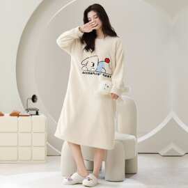 秋冬新款半边绒女长袖睡裙加厚保暖休闲女家居服图片色弹力丝麻棉