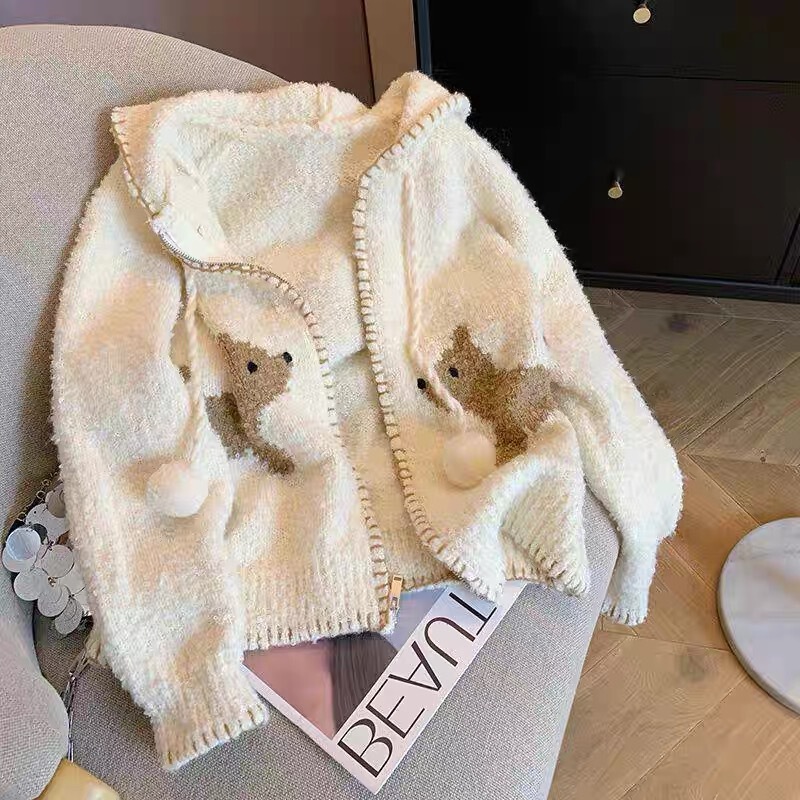 Dalong Sweater Factory Cute Puppy Hooded Knitted Cardigan Women's Autumn and Winter Design Soft and Waxy Age-Reducing Sweater