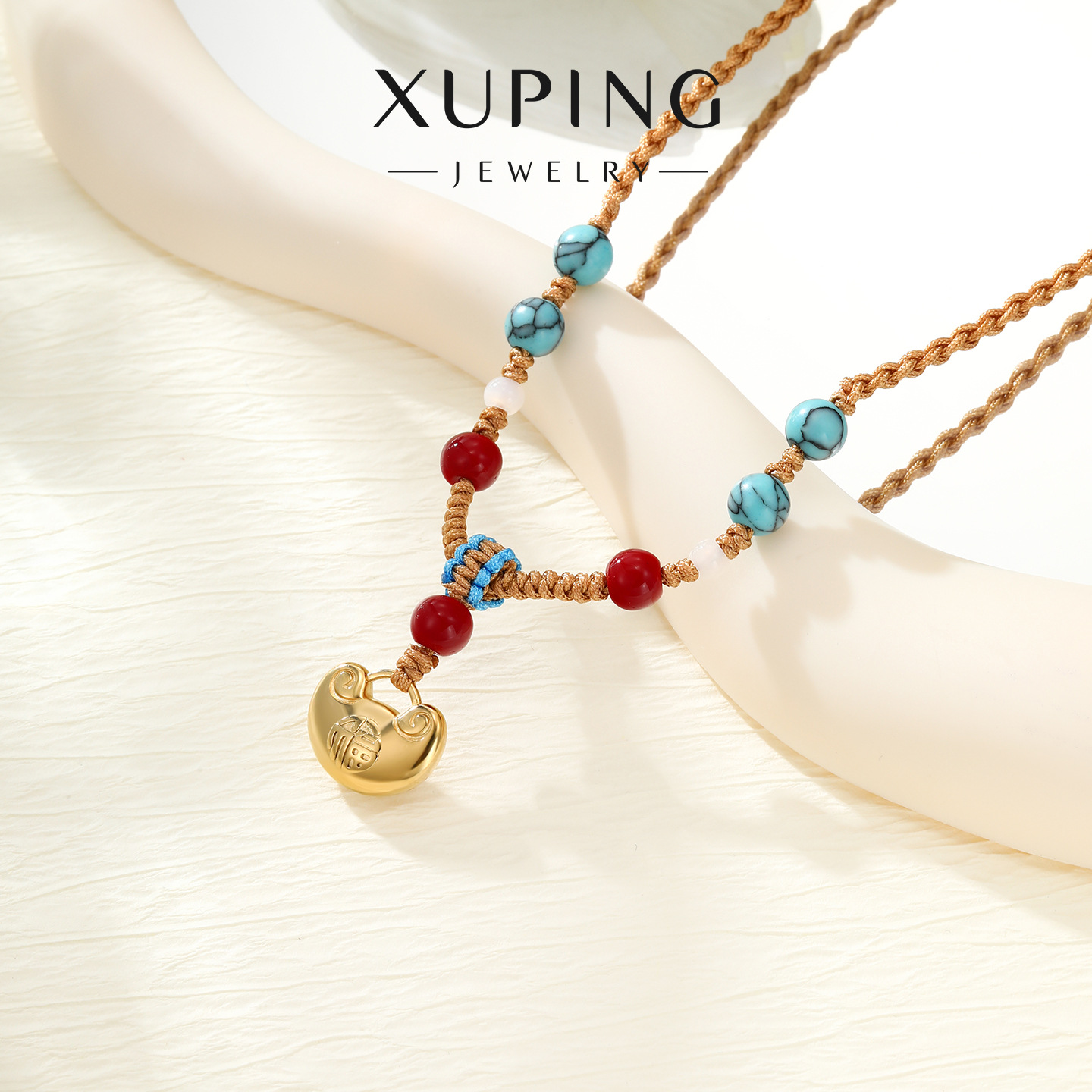 Xuping tejido a mano ajustable collar cuentas de acero inoxidable imitación de oro yuanbao collar de cuerda de tejido para mujeres image 7