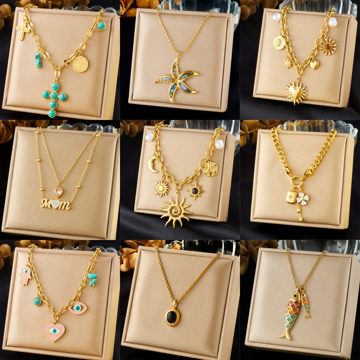 Cross-Border Vintage Gold-Plated Stainless Steel Necklace with Sun, Heart, Cross, and Small Fish Pendants, Multi-Layered Stackable Women's Clavicle Chain