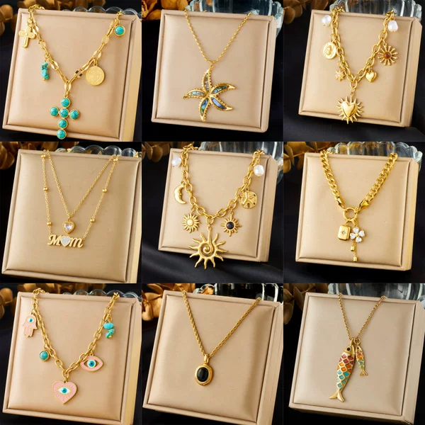 Cross-Border Vintage Gold-Plated Stainless Steel Necklace with Sun, Heart, Cross, and Small Fish Pendants, Multi-Layered Stackable Women's Clavicle Chain