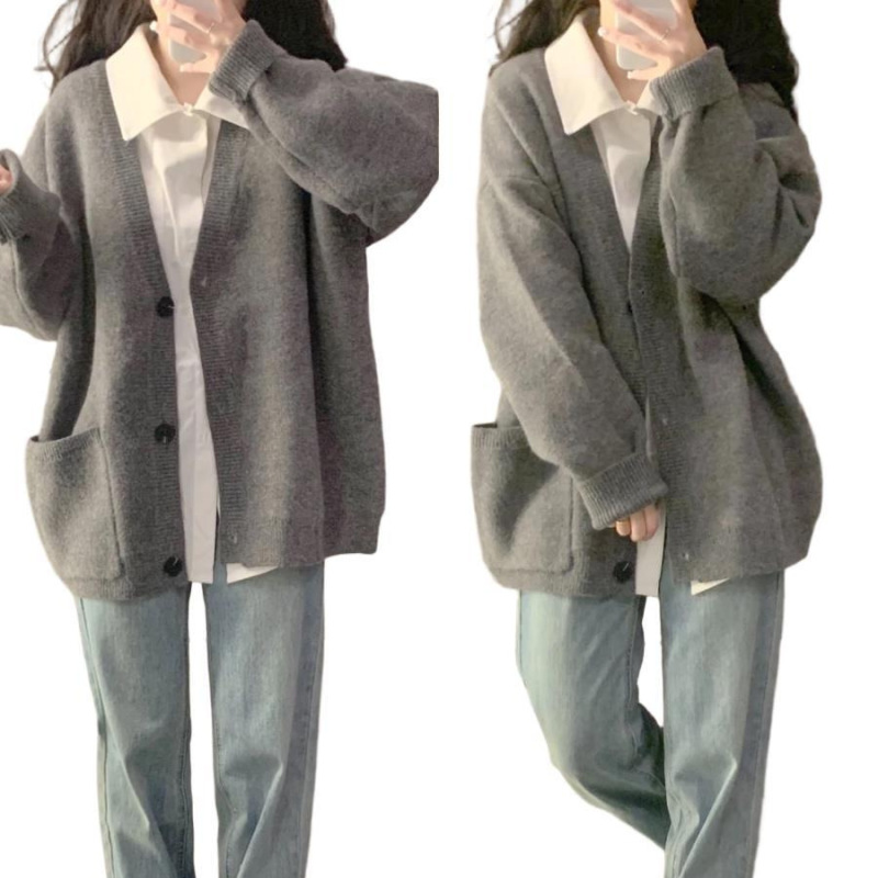 软糯慵懒风毛衣开衫女2025春秋季新款韩系感V领早春针织外套百搭1|undefined