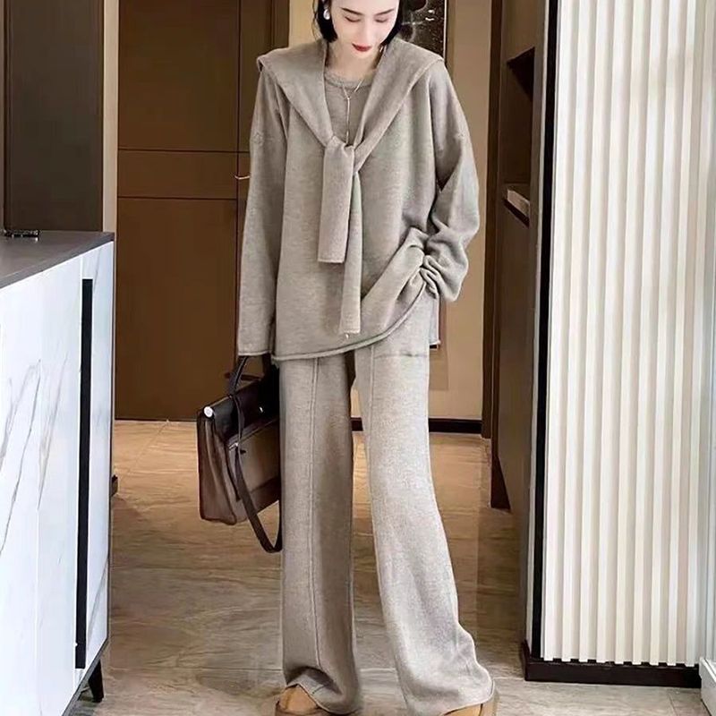 秋冬新款宽松显瘦套头针织套装女2025年直筒阔腿长裤纯色三件套潮|undefined